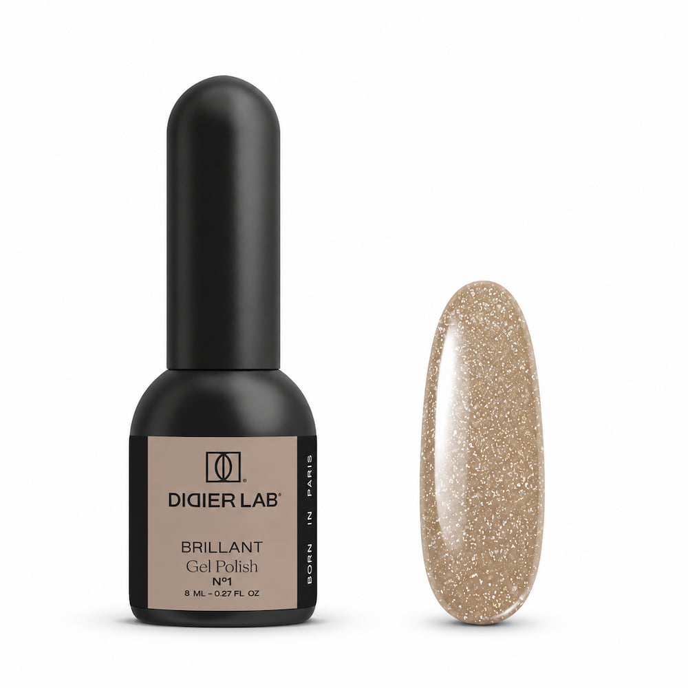 Didier Lab Brillant Gel Polish No1 8ml, bottle and gold glitter colour swatch