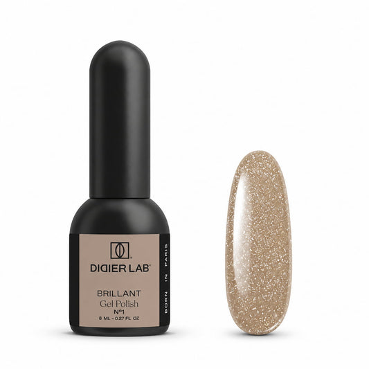 Didier Lab Brillant Gel Polish No1 8ml, bottle and gold glitter colour swatch