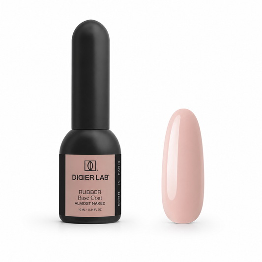 Didier Lab Rubber Base Coat Almost Naked 10 ml, μπουκάλι και δείγμα απόχρωσης