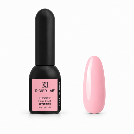 Didier Lab Rubber Base Coat Cover Pink 10 ml, μπουκάλι και δείγμα απόχρωσης