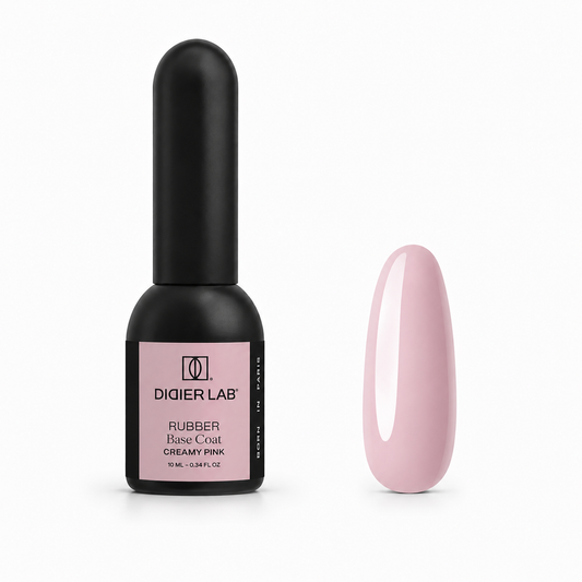 Didier Lab Rubber Base Coat Creamy Pink 10 ml, μπουκάλι και δείγμα απόχρωσης
