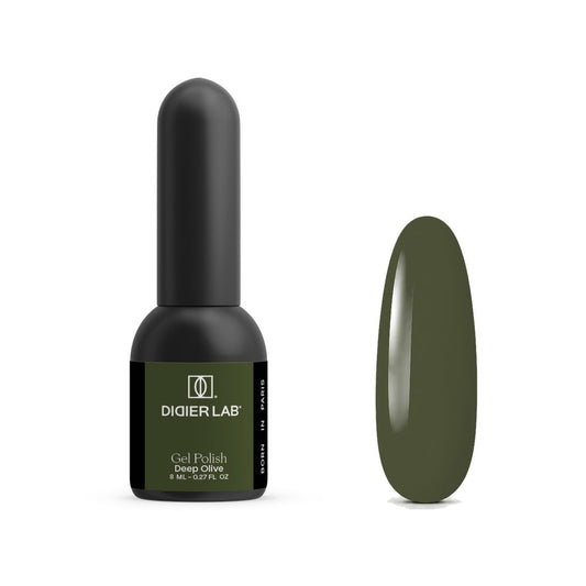 Didier Lab Deep Olive gel polish 8ml, bottle and olive green colour swatch