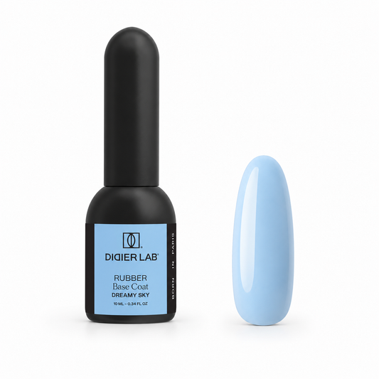 Didier Lab Rubber Base Coat Dreamy Sky 10 ml, μπουκάλι και δείγμα απόχρωσης