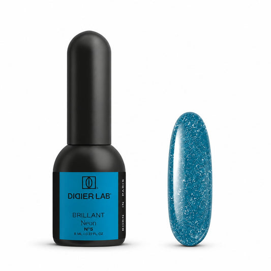 Didier Lab Brillant NEON No. 5 gel polish 8ml, bottle and blue glitter colour swatch
