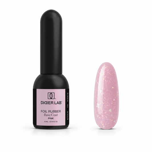 Didier Lab Foil Rubber Base Coat Pink 10 ml, μπουκάλι και δείγμα απόχρωσης