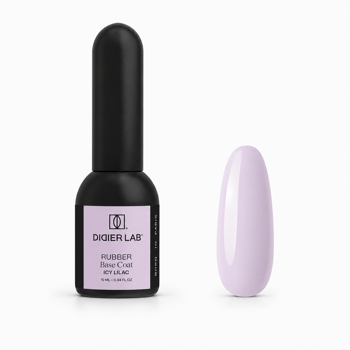 Didier Lab Rubber Base Coat Icy Lilac 10 ml, μπουκάλι και δείγμα απόχρωσης