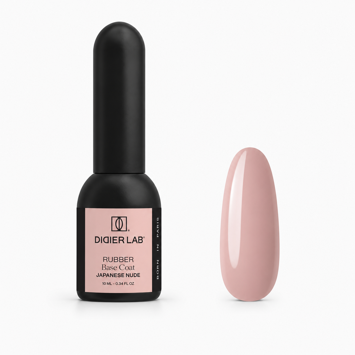 Didier Lab Rubber Base Coat Japanese Nude 10 ml, μπουκάλι και δείγμα απόχρωσης