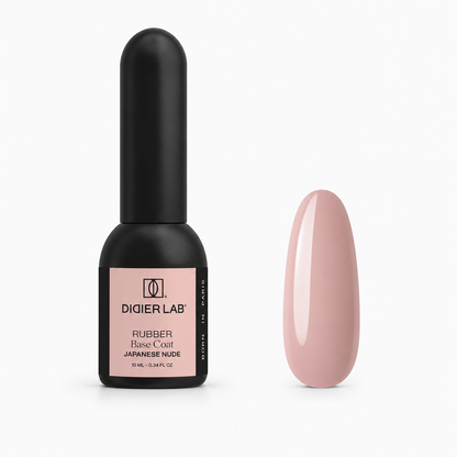 Didier Lab Rubber Base Coat Japanese Nude 10 ml, μπουκάλι και δείγμα απόχρωσης