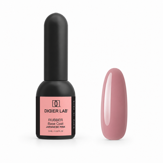 Didier Lab Rubber Base Coat Japanese Pink 10 ml, μπουκάλι και δείγμα απόχρωσης