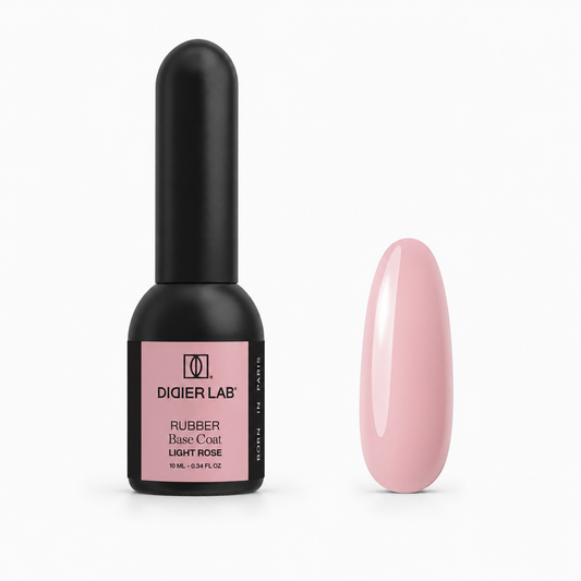 Didier Lab Rubber Base Coat Light Rose 10 ml, μπουκάλι και δείγμα απόχρωσης