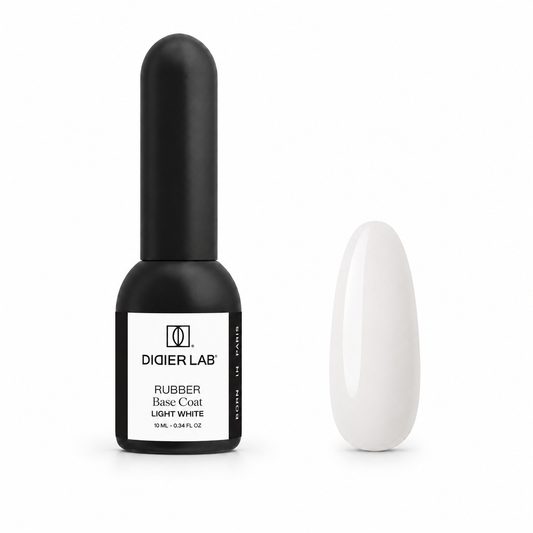Didier Lab Rubber Base Coat Light White 10 ml, μπουκάλι και δείγμα απόχρωσης