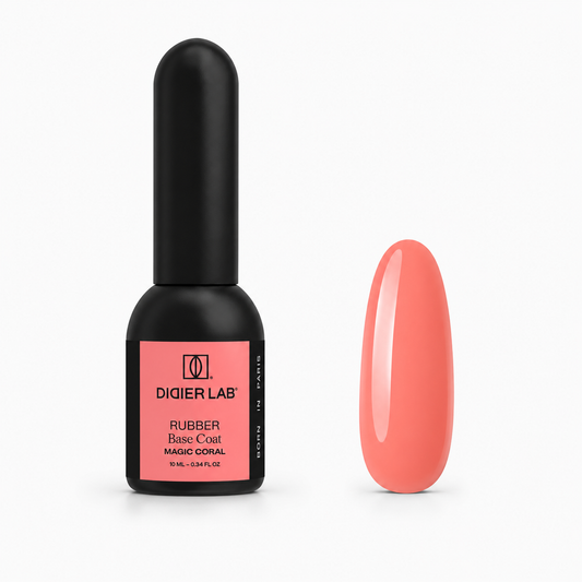 Didier Lab Rubber Base Coat Magic Coral 10 ml, μπουκάλι και δείγμα απόχρωσης