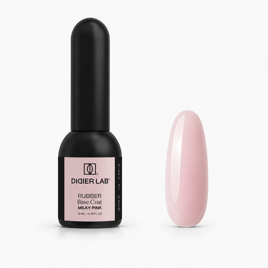 Didier Lab Rubber Base Coat Milky Pink 10 ml, μπουκάλι και δείγμα απόχρωσης