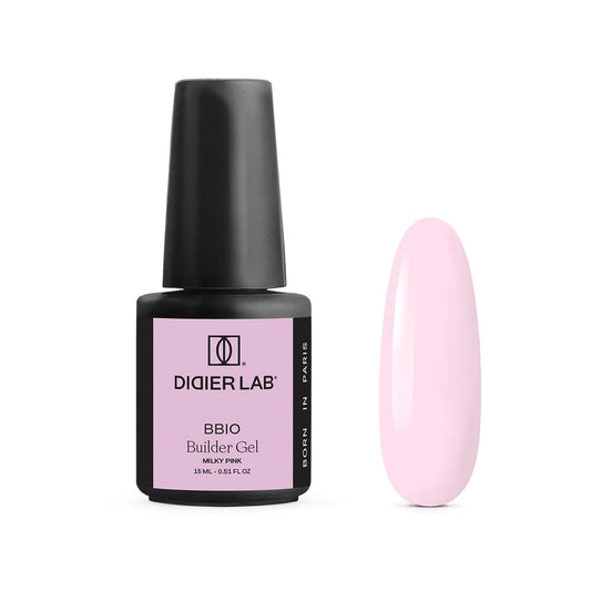 Didier Lab BBIO Builder Gel Milky Pink 15 ml, μπουκάλι και δείγμα απόχρωσης