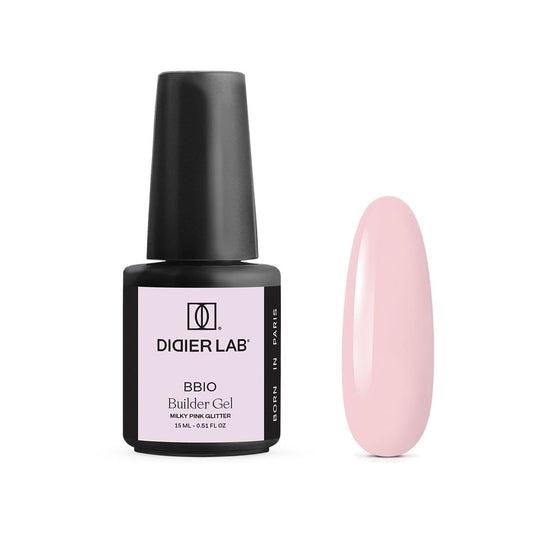 Didier Lab BBIO Builder Gel Milky Pink Glitter 15 ml, μπουκάλι και δείγμα απόχρωσης