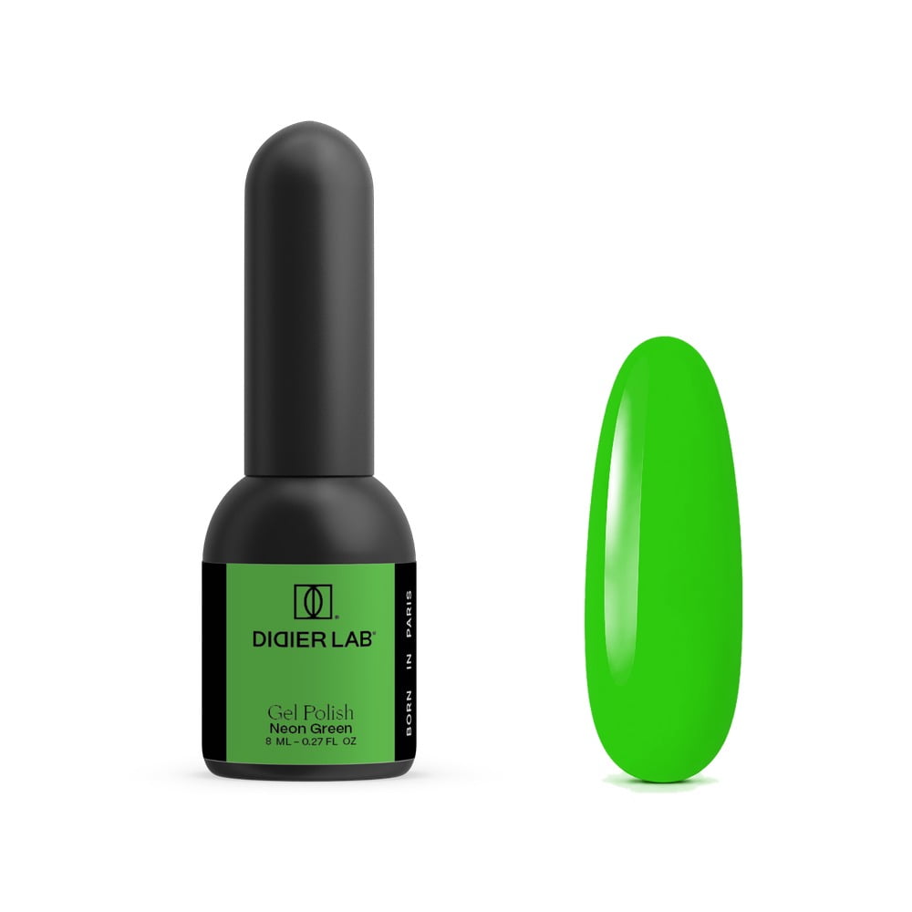 Didier Lab Neon Green gel polish 8ml, bottle and bright green colour swatch