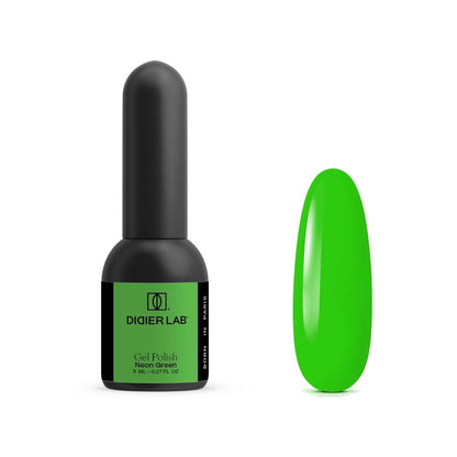 Didier Lab Neon Green gel polish 8ml, bottle and bright green colour swatch