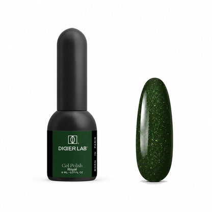 Didier Lab Royal gel polish 8ml, bottle and green glitter colour swatch