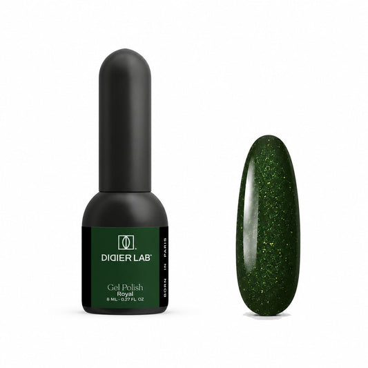 Didier Lab Royal gel polish 8ml, bottle and green glitter colour swatch