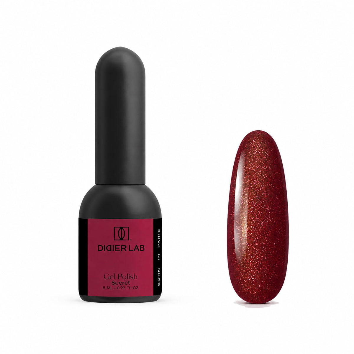 Didier Lab Secret gel polish 8ml, bottle and shimmering red colour swatch