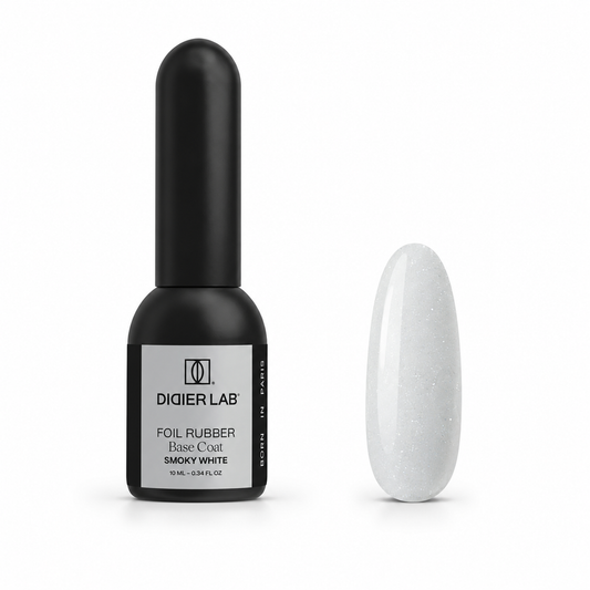 Didier Lab Foil Rubber Base Coat Smoky White 10 ml, μπουκάλι και δείγμα απόχρωσης