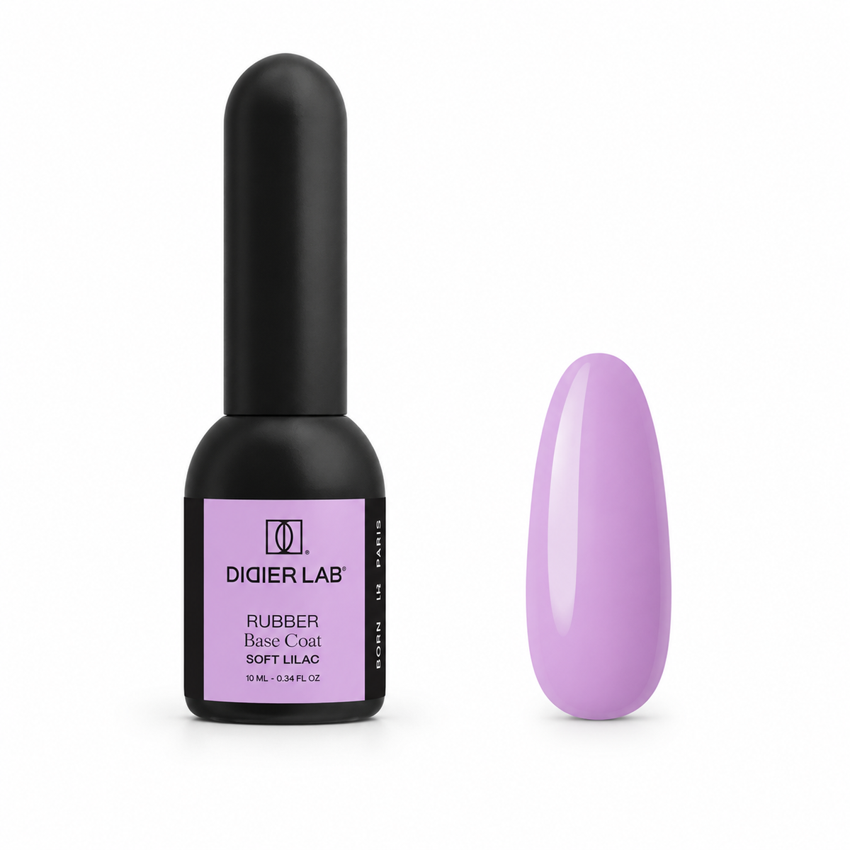 Didier Lab Rubber Base Coat Soft Lilac 10 ml, μπουκάλι και δείγμα απόχρωσης