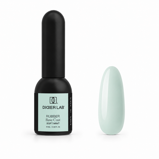 Didier Lab Rubber Base Coat Soft Mint 10 ml, μπουκάλι και δείγμα απόχρωσης