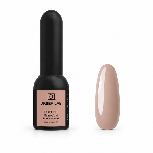 Didier Lab Rubber Base Coat Stay Neutral 10 ml, μπουκάλι και δείγμα απόχρωσης