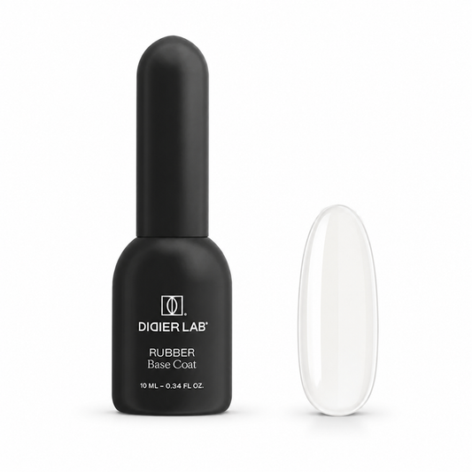 Didier Lab Rubber Base Coat 10 ml, μπουκάλι και διάφανο δείγμα